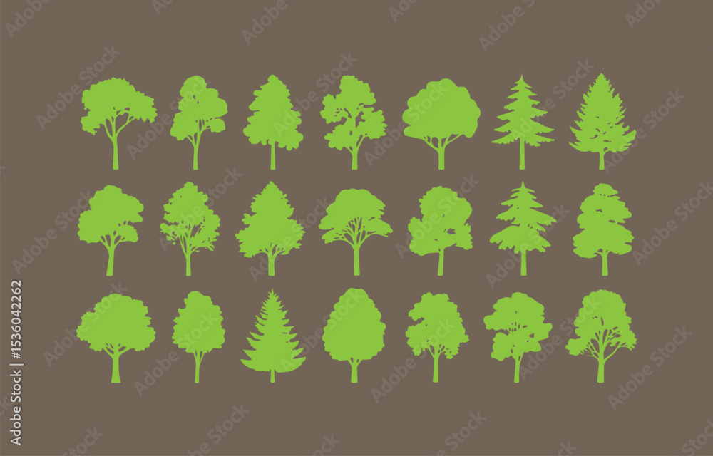 Fototapeta premium Collection of twenty diverse green tree silhouettes on a brown background