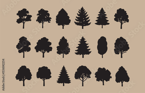 Eighteen black silhouettes of various trees and conifers for design elements