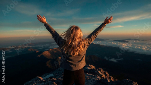Momento de Vitória: Silhueta Feminina na Montanha ao Sol Radiante