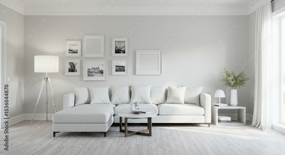 Fototapeta premium Bright Living Room Interior with Modern White Sectional Sofa