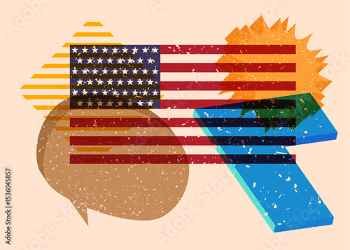 Risograph American Flag with speech bubble with geometric shapes. Objects in trendy riso graph print texture style design with geometry elements.