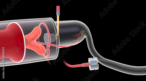 Medical illustration of a shunt system on black background
