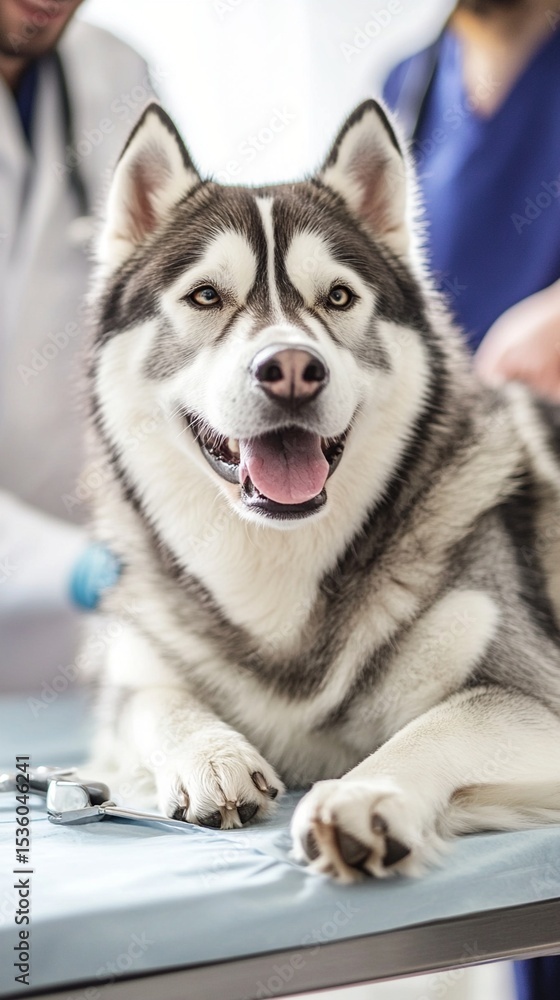Obraz premium A happy and healthy Siberian Husky lays relaxed on a veterinarian's examination table, showcasing its playful personality and beautiful fur in a clinical setting.