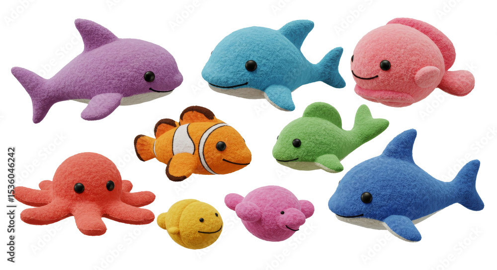 Fototapeta premium Colorful Plush Sea Animals Grouping on White Background