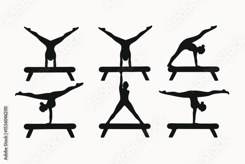 Gymnast Silhouettes Balance Beam Poses - Artistic Gymnastics Illustrations