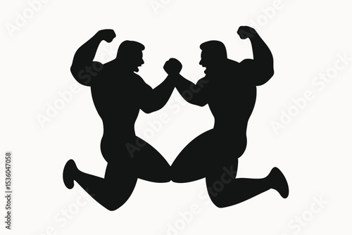 Powerful Silhouette of Two Muscular Men Arm Wrestling, Strength and Competition Concept