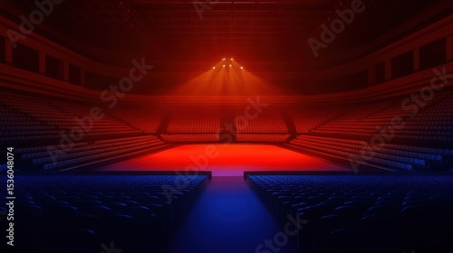 A stadium interior is illuminated with a mix of red and blue lighting, highlighting the stage or arena floor.