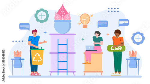 Team collaborating on corporate social responsibility projects; suitable for presentations, websites, social media, and corporate reports on sustainability efforts.