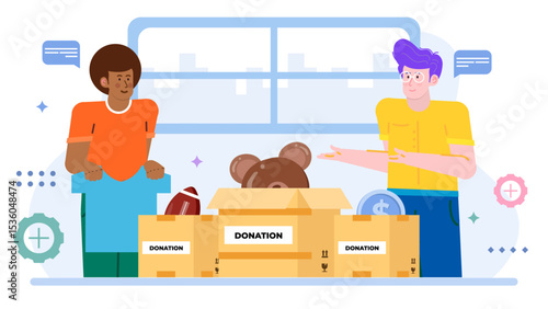 Two people donating items like a football, teddy bear, and money. Suitable for charity, fundraising, donation, kindness, altruism concepts.