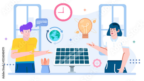 Two people engaged in a conversation about installing solar panels on a rooftop. Suitable for renewable energy, sustainability, and Eco conscious concepts.