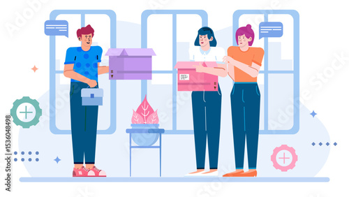 Three people efficiently pack boxes for a move. Suitable for moving services, packing supplies, relocation assistance, and teamwork themes.