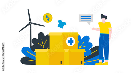 Man donating boxes of goods to a charity, symbolizing generosity, help, community support. Suitable for charity events, donation campaigns promotions.