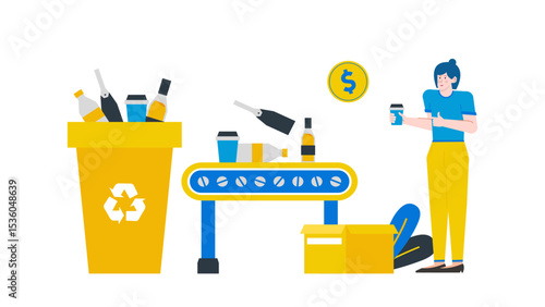 Person collecting money for recycling; suitable for environmental concepts, recycling campaigns, sustainability themes. Person recycling bottles and cans for income.