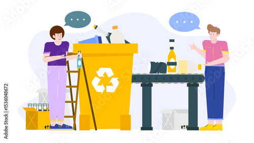 Two people recycling bottles and cans. Suitable for environmental campaigns, waste management brochures, recycling programs promotions, and ecofriendly concepts.