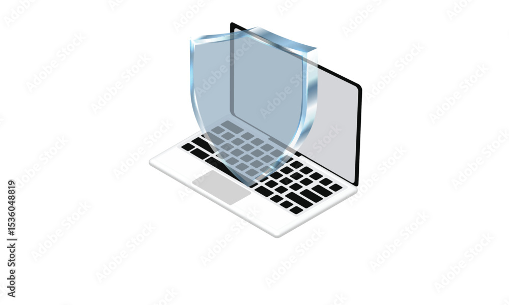 Cybersecurity Shield Over Laptop – Digital Protection Concept, An isometric illustration of a laptop with a translucent shield overlay, symbolizing cybersecurity, data protection, and digital safety. Cybersecurity Shield Over Laptop – Digital Protection Concept, An isometric illustration of a laptop with a translucent shield overlay, symbolizing cybersecurity, data protection, and digital safety.
