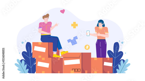 Two people donating boxes to a charity, symbolizing generosity, community support, and giving back. Suitable for charity, donation campaigns, support.