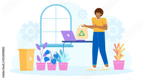 Person holding a reusable bag near a window, ecofriendly lifestyle concept, environmental activism, sustainable fashion, zero waste living, urban sustainability.