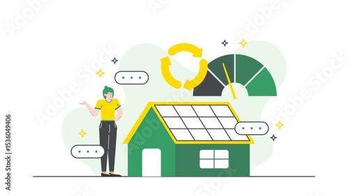 Woman near green house with solar panels. Suitable for ecofriendly concepts or renewable energy promotions in sustainable living campaigns.