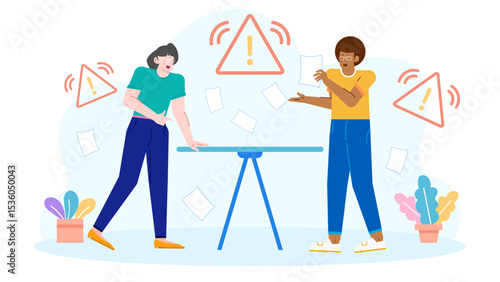 Chaos ensues as papers fly around two people by a table. Perfect for illustrating work stress or disorganization in office settings.