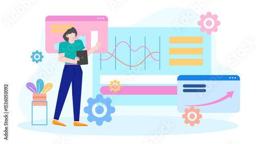 Businesswoman multitasking with digital devices, analyzing data and making strategic decisions, suitable for finance or technology concepts.