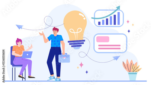 Two people brainstorming with a lightbulb, evaluating a bar graph, and tending to a plant. Ideal for business growth concepts.