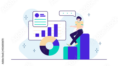 A person sits atop a bar graph, representing success and growth. Ideal for business, finance, success, achievement, growth concepts.