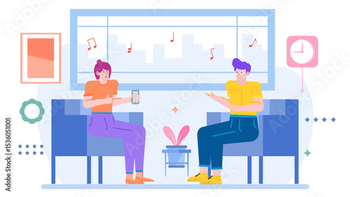 Two people chatting near a window with music notes; ideal for promoting music events, podcasts, or social gatherings.
