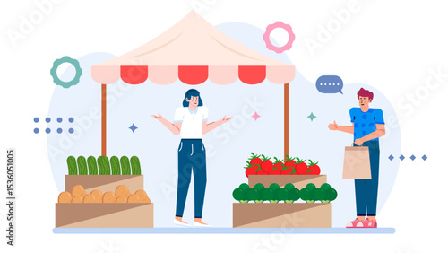 Farmers market bustling with colorful vibrant produce; shoppers enjoying the lively atmosphere, perfect for promoting local agriculture, community events.