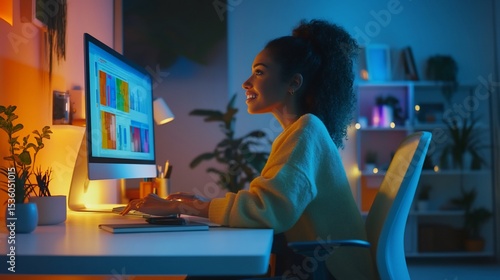 Woman working on a computer with a graph in a blue and orange light office space