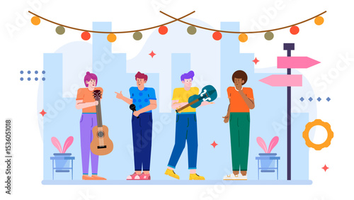 Title Street musician band playing instruments outdoors. Ideal for music events, city tourism, cultural festivals, and lifestyle publications.