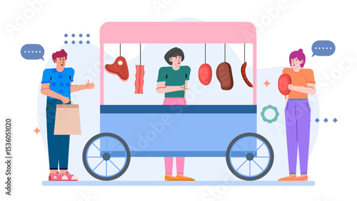 Meat cart with customers purchasing different cuts of meat suitable for butcher shop websites, food blogs, restaurant menus, and culinary magazines.