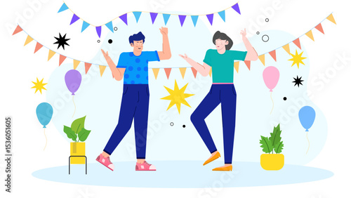 Two joyful people dancing at a party, perfect for celebration events, lifestyle blogs, music promotions, and festive concepts. Joyful dance party duo reveling in happiness.
