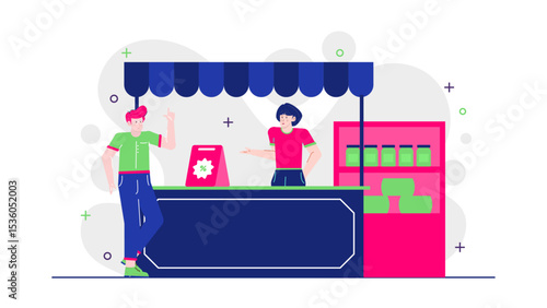 Market stall with a customer and seller, vibrant scene, outdoor marketplace, local business, bustling and colorful atmosphere, selling products.