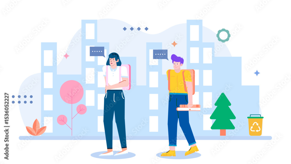 Two students with backpacks chat near city buildings. Suitable for educational or city life concepts in digital or print media. Two students with backpacks chat near city buildings. Suitable for educational or city life concepts in digital or print media.