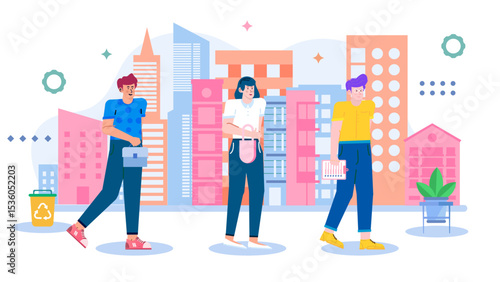 Three diverse young adults strolling through a vibrant city suitable for lifestyle, travel, urban, friendship concepts in marketing and advertising.