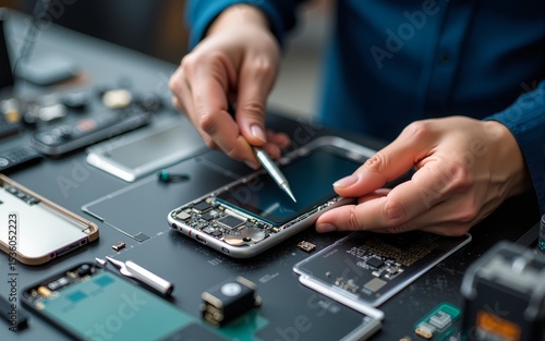 Cell phone repair at service center, smartphone disassembling and diagnostics, repairman workplace top view. High quality