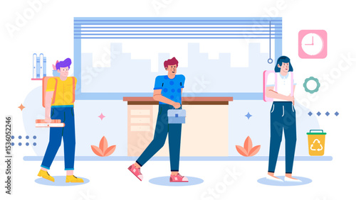 Three students with backpacks standing in a school hallway. Suitable for education or environmental themed designs. Student lifestyle, school environment, recycling awareness concept.