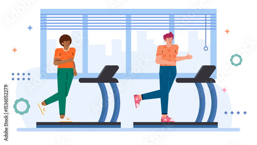 Two people exercising on gym treadmills near a window, suitable for fitness blogs, gym advertisements, health magazines, workout motivation.