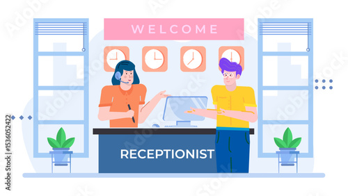 Receptionist assists hotel guest at front desk. Suitable for hospitality, customer service, front office, travel industry designs.