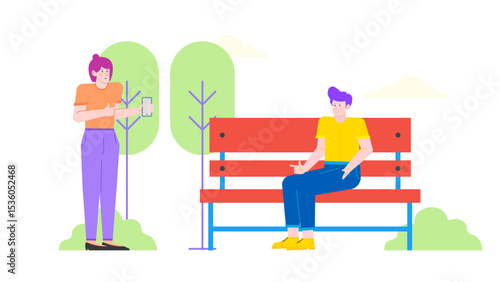 Woman shows phone to man on park bench. Communication, technology, sharing, outdoor, casual, relationship, lifestyle, social, connection, mobile, conversation, device.