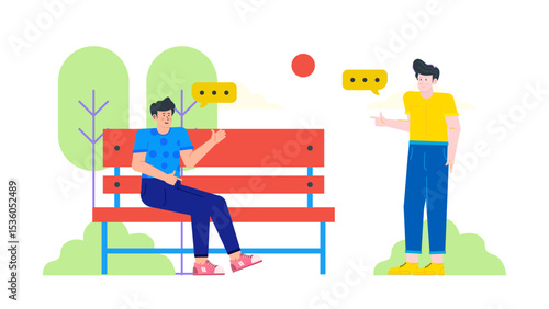 Two men talking near a park bench outdoors, suitable for illustrating conversations, outdoor meetings, friendship, relaxation in city settings.