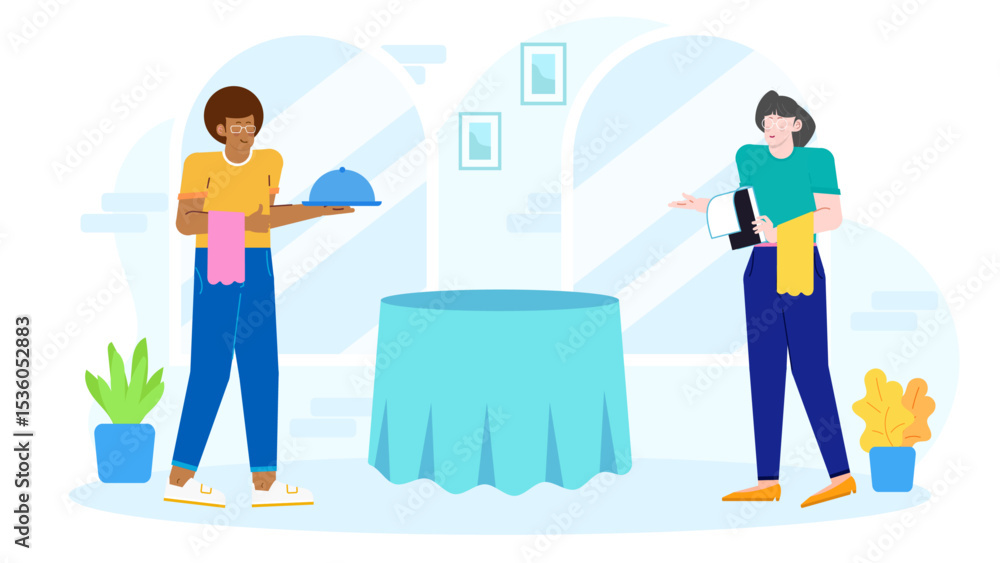 Waiter and customer interaction at a cafe table, suitable for restaurant menus, hospitality brochures, or customer service concepts. Waiter and customer interaction at a cafe table, suitable for restaurant menus, hospitality brochures, or customer service concepts.