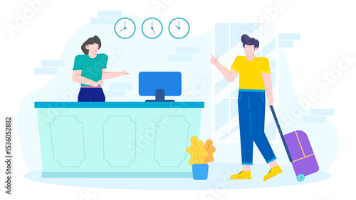 Man and receptionist at hotel check-in desk. Suitable for hospitality industry, travel and accommodation concept visuals, reception services.
