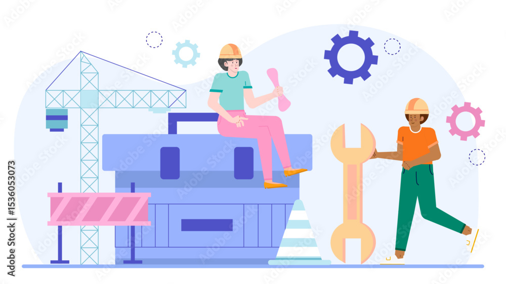 Construction workers working with tools by a toolbox and crane suitable for construction, engineering, industrial, and teamwork concepts. Construction workers working with tools by a toolbox and crane suitable for construction, engineering, industrial, and teamwork concepts.