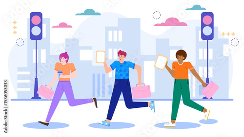 Busy professionals hurrying with briefcases near traffic lights, suitable for business, office, urban lifestyle, commuting, haste, and deadline concepts.