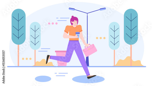 Woman rushes with coffee and a briefcase among trees. Ideal for business, lifestyle, corporate, morning routine, urban scenes, and professional concepts.