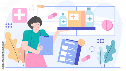 Female doctor displaying prescription, pills, and bottles. Suitable for medical websites, blogs, and articles related to healthcare, pharmacy, and medicine.