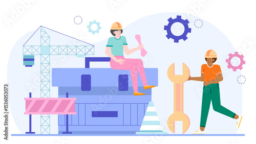 Construction workers working with tools by a toolbox and crane suitable for construction, engineering, industrial, and teamwork concepts.