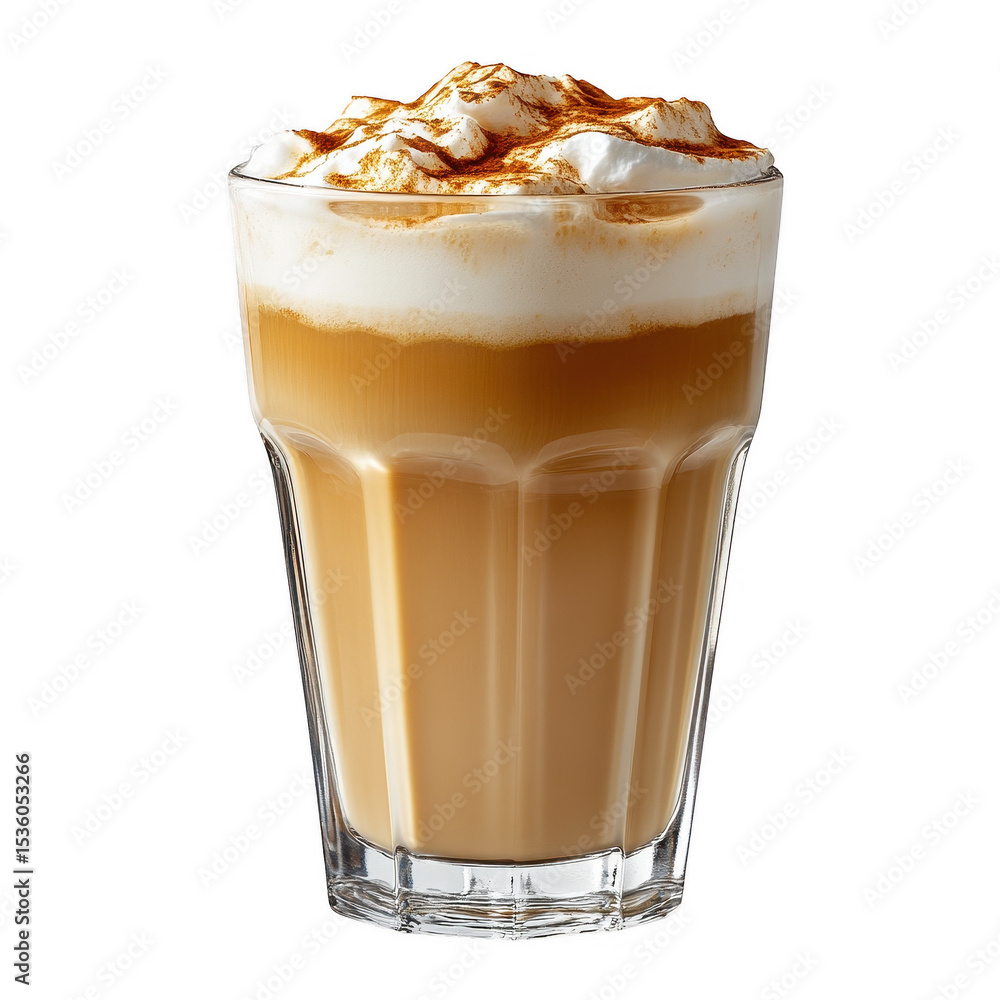 Iced latte with whipped cream and cinnamon powder drink in glass on black background beverage photography on transparent background Iced latte with whipped cream and cinnamon powder drink in glass on black background beverage photography on transparent background