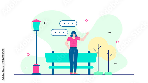 Woman standing near park bench, contemplating, with trees in background. Suitable for relaxation, nature, outdoor activities, mindfulness concepts.